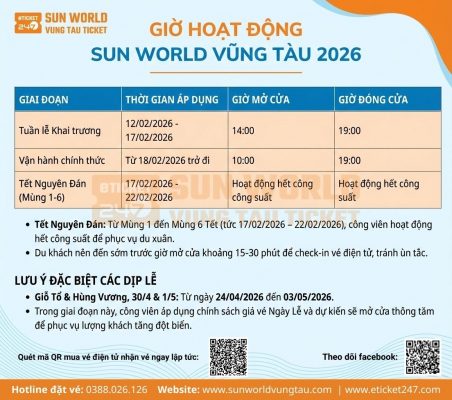 Giờ hoạt động Sun World Vũng Tàu, Công viên nước Vũng Tàu, giờ mở cửa, giờ đóng cửa