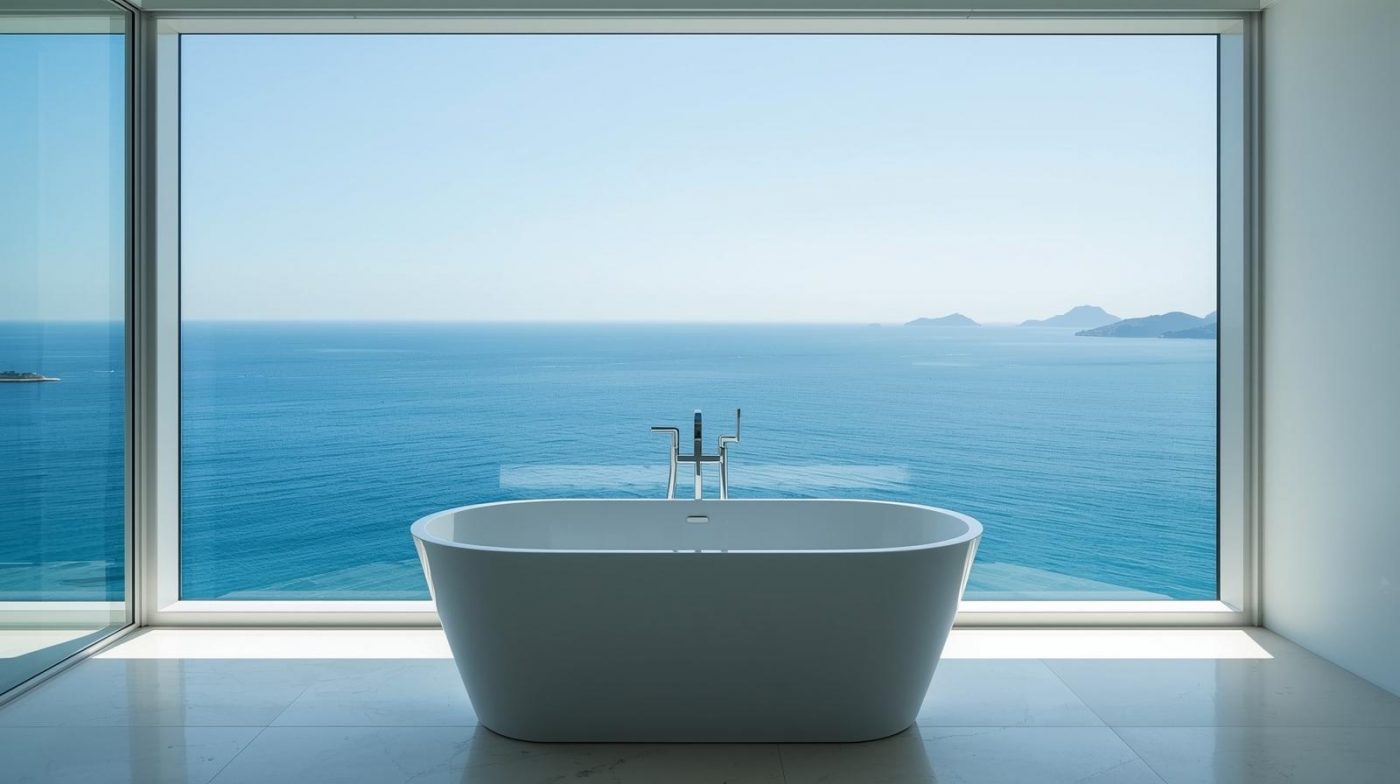 Một căn phòng có bồn tắm đặt cạnh cửa sổ lớn, nhìn thẳng ra view biển xanh.